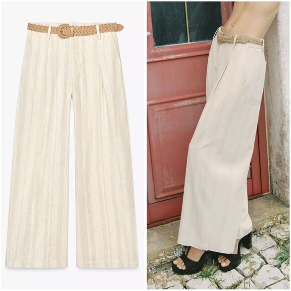 ZARA STRIPED WIDE LEG PANTS WITH BELT - Picture 1 of 8